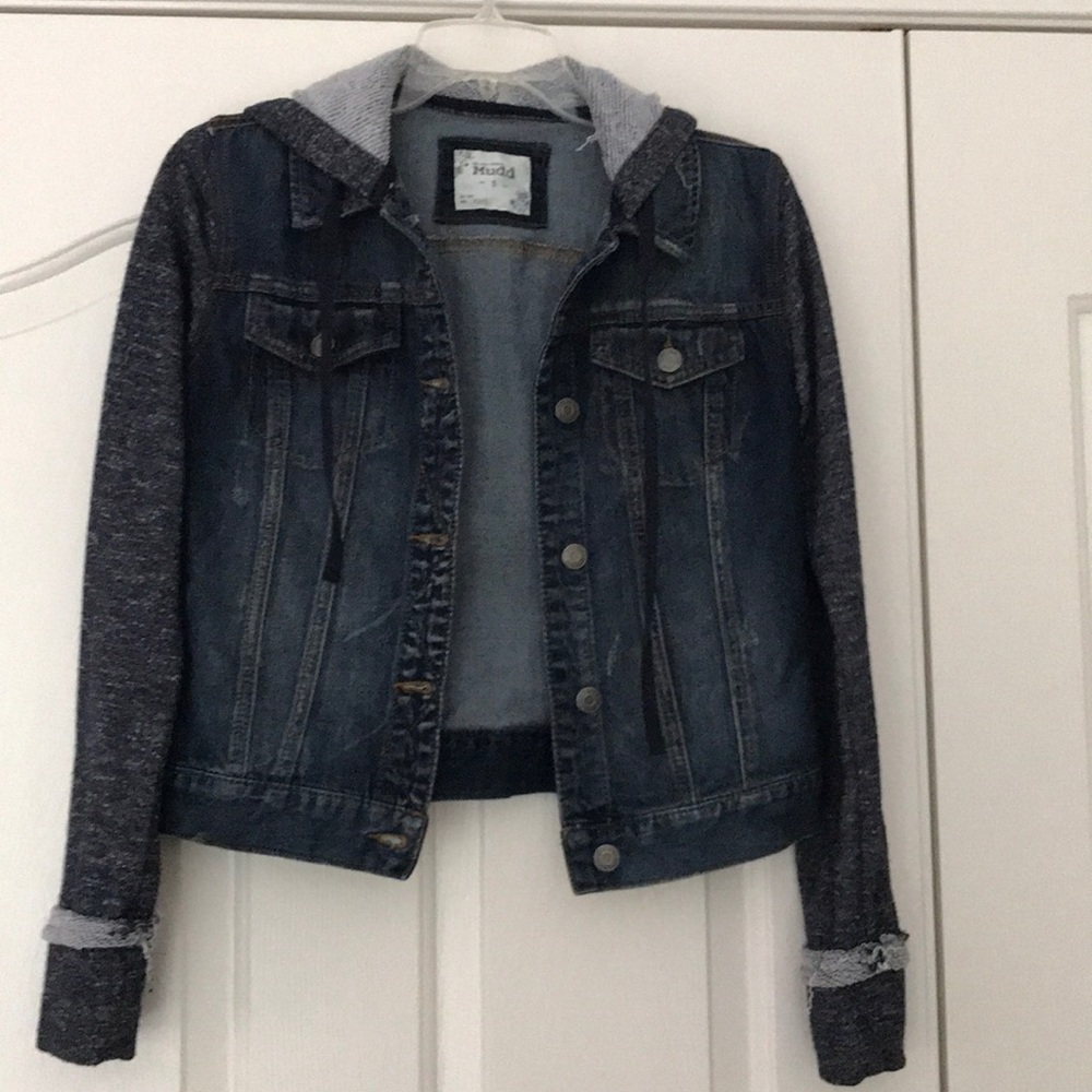 Denim jacket with sweatshirt hood